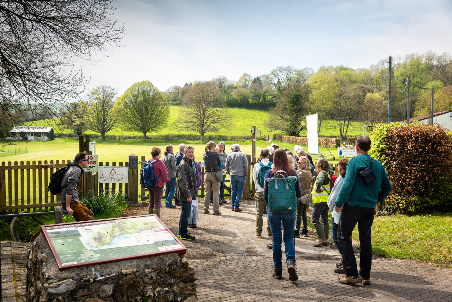 group walking in fields on sunny day
